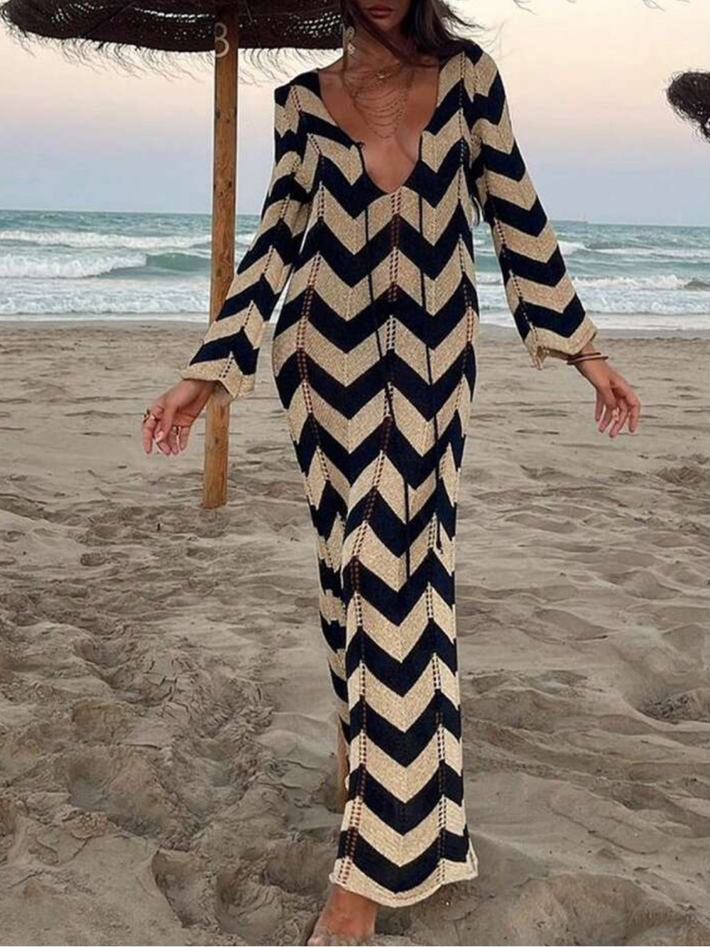 VICI Black & Cream Chevron Knit Maxi Dress